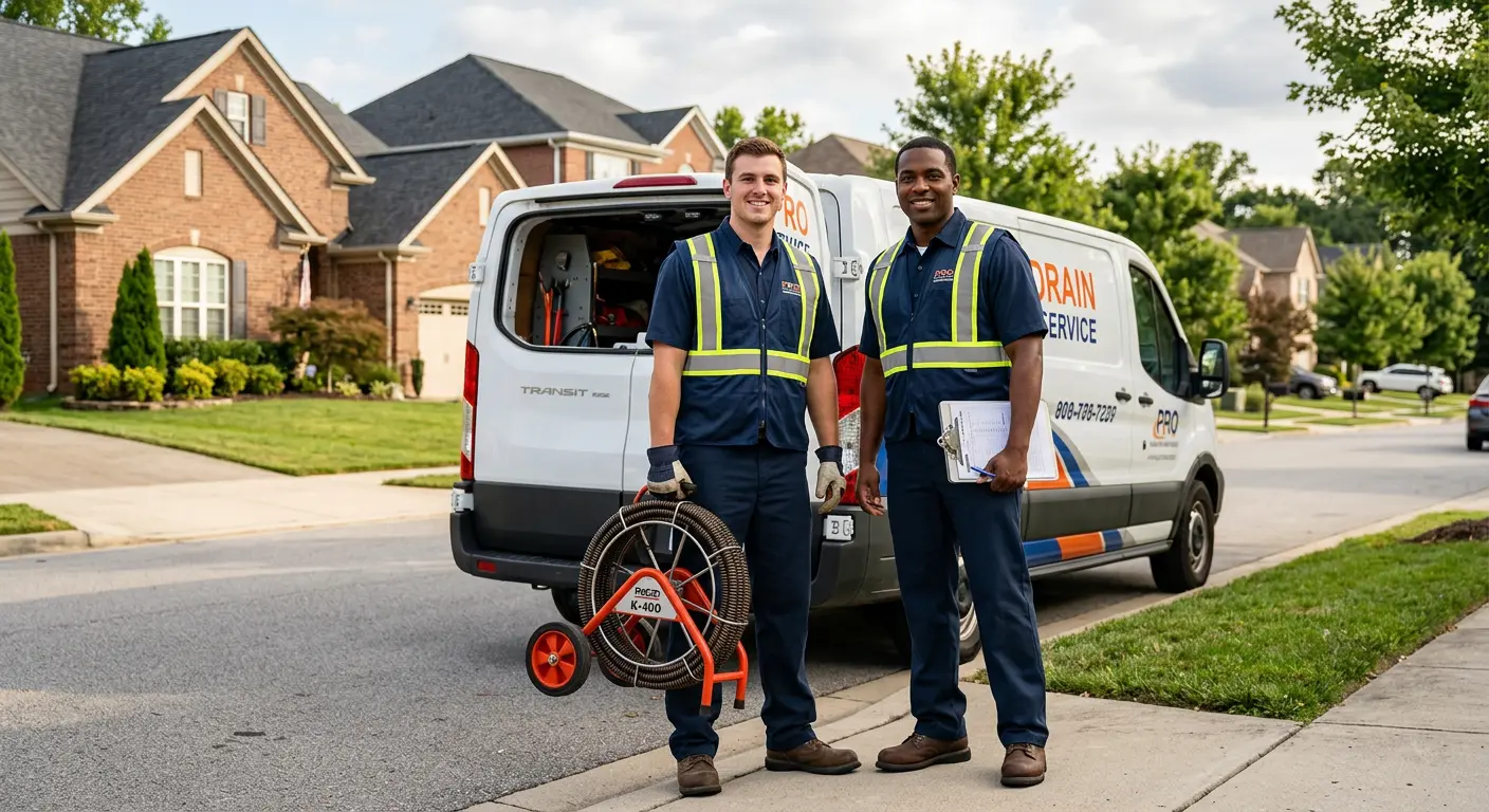 Sewer and drain service team with equipment ready for work in Bridge City