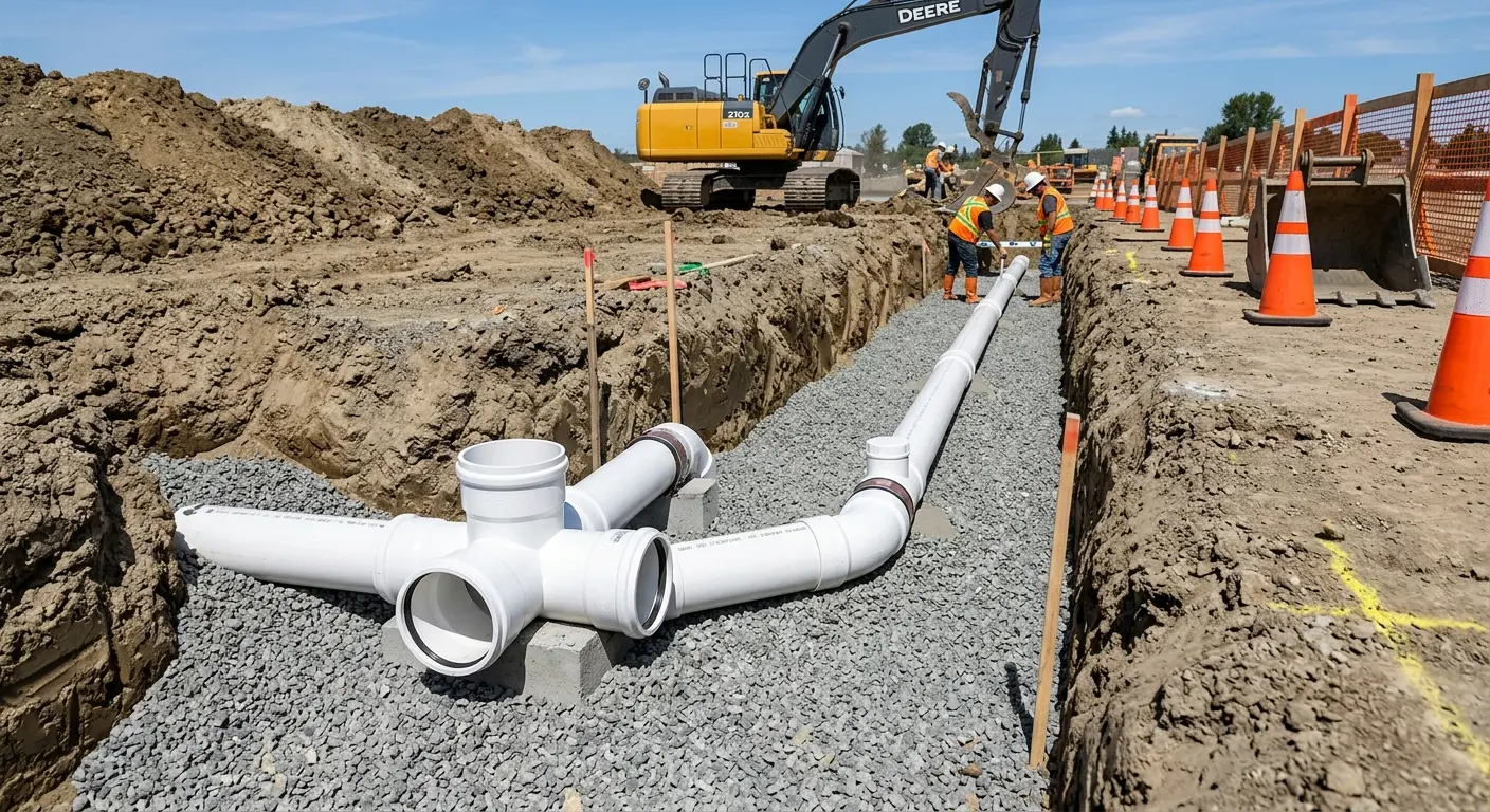 New PVC sewer pipe installation in open trench for Grease Trap Cleaning in Bridge City