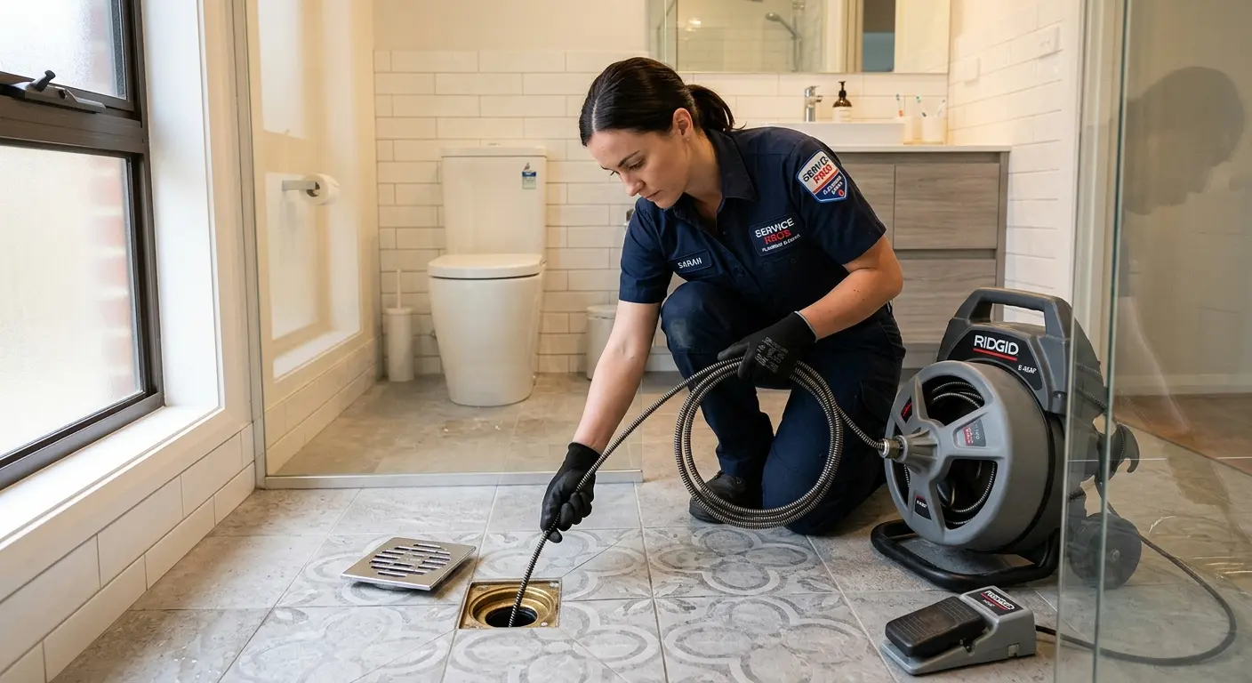 Technician clearing a bathroom floor drain for Drain Repair in Bridge City